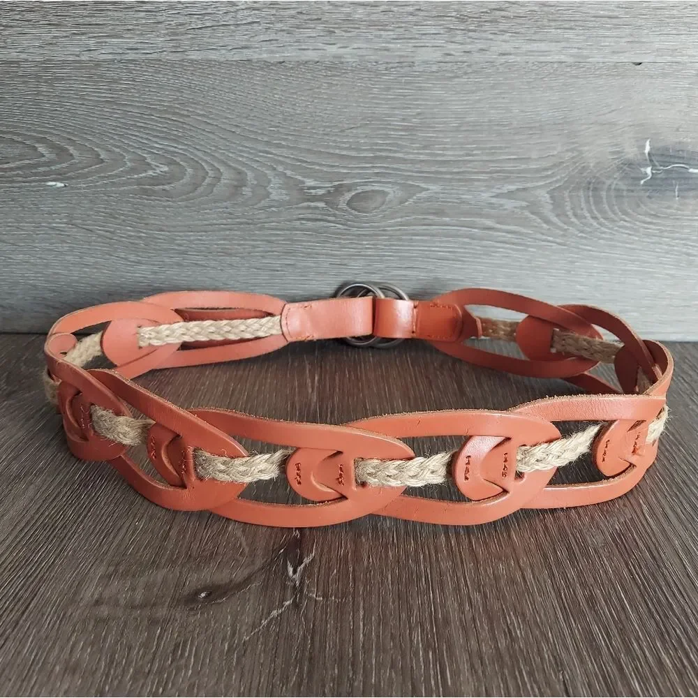 Linea Pelle Leather Link Jute Hip Sling Belt Sz S Orange Cream Ring Buckle Boho